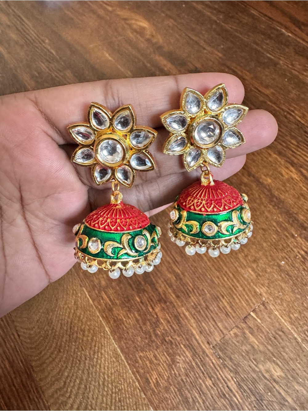 Handcrafted Red and Green Jhumka Earrings with Kundan Floral Stud